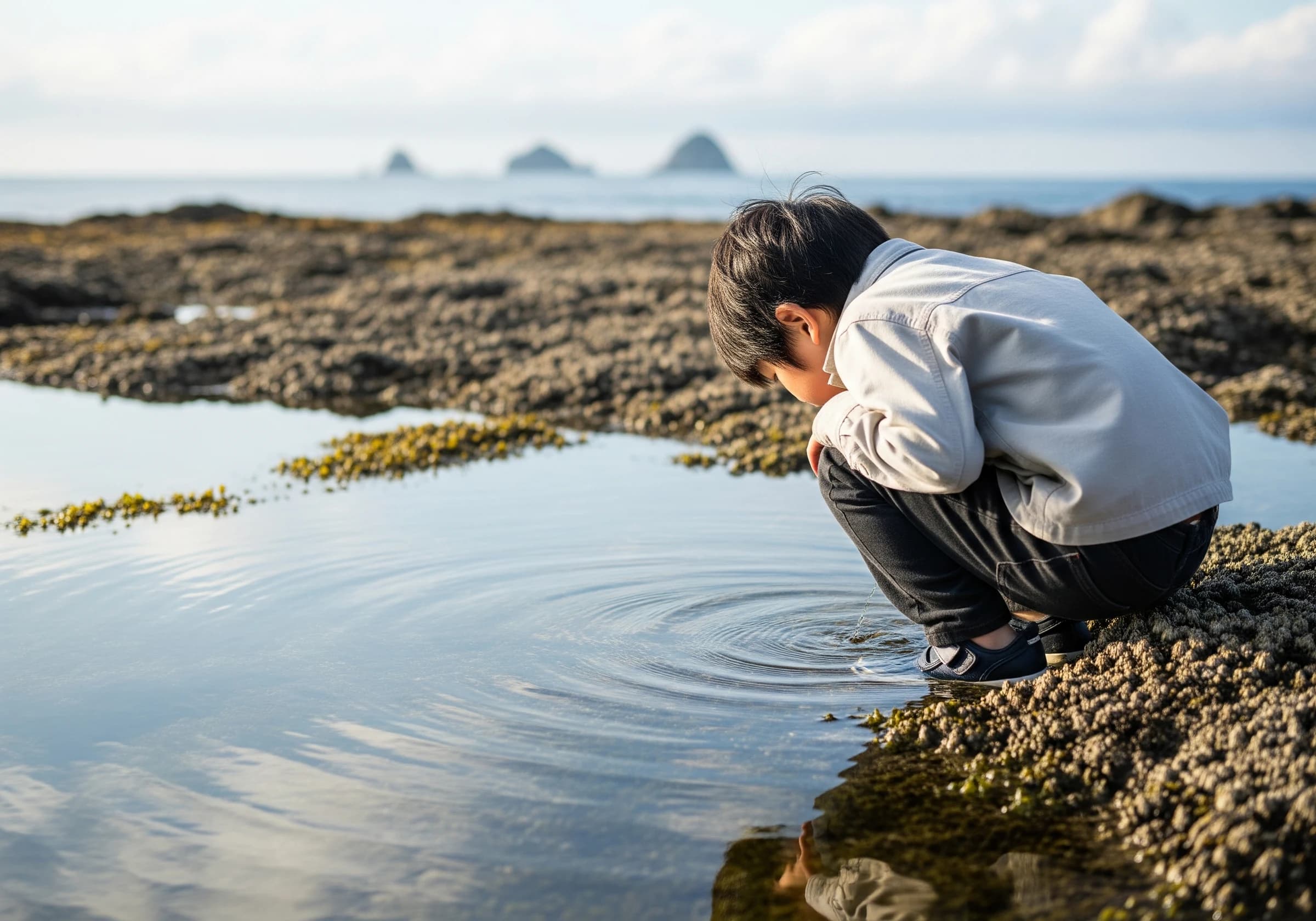 潮だまりをのぞく子どもの後ろ姿
